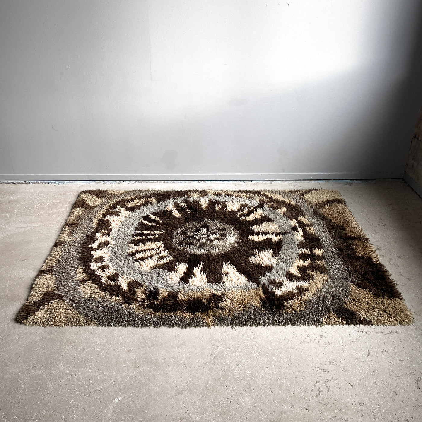 Tjock ryamatta med lång lugg - brun, beige och gråblå/grön, 150x212 cm