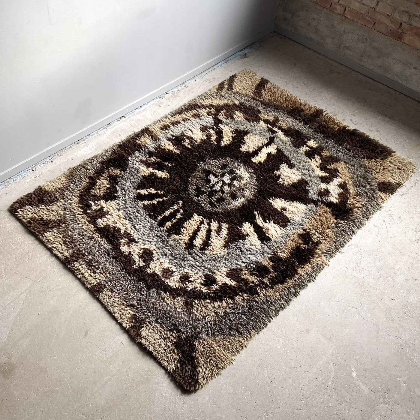 Tjock ryamatta med lång lugg - brun, beige och gråblå/grön, 150x212 cm