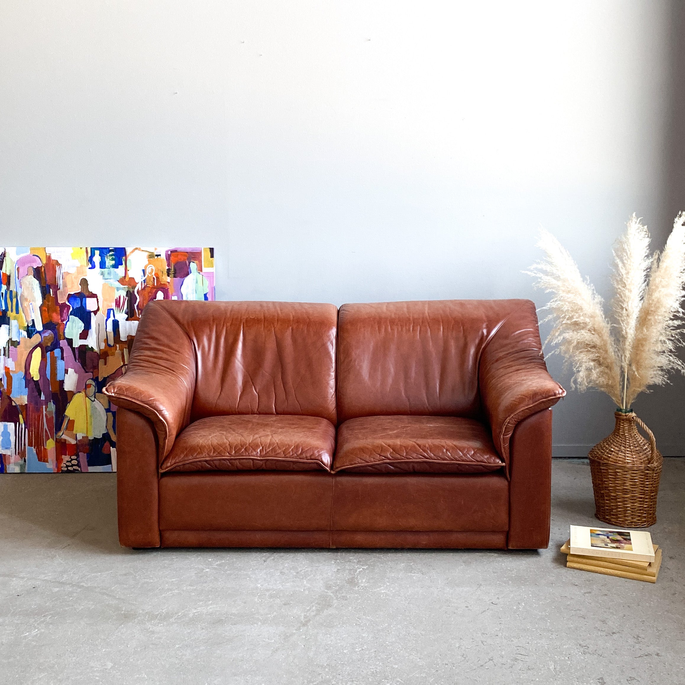 Cognacsfärgad skinnsoffa 80-tal - 2 sits | Vintagebyrån | Second hand ...