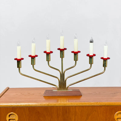 Adventsljusstake mässing och teak - röda manchetter
