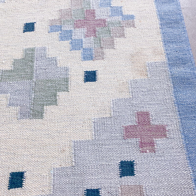 Röllakanmatta blå, beige, rosa och grönt